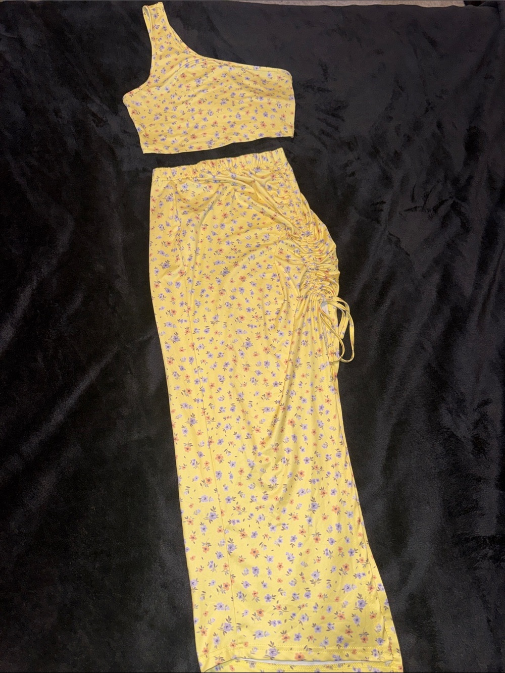 Yellow One-Shoulder Floral Crop Top & Ruched Maxi Skirt Set